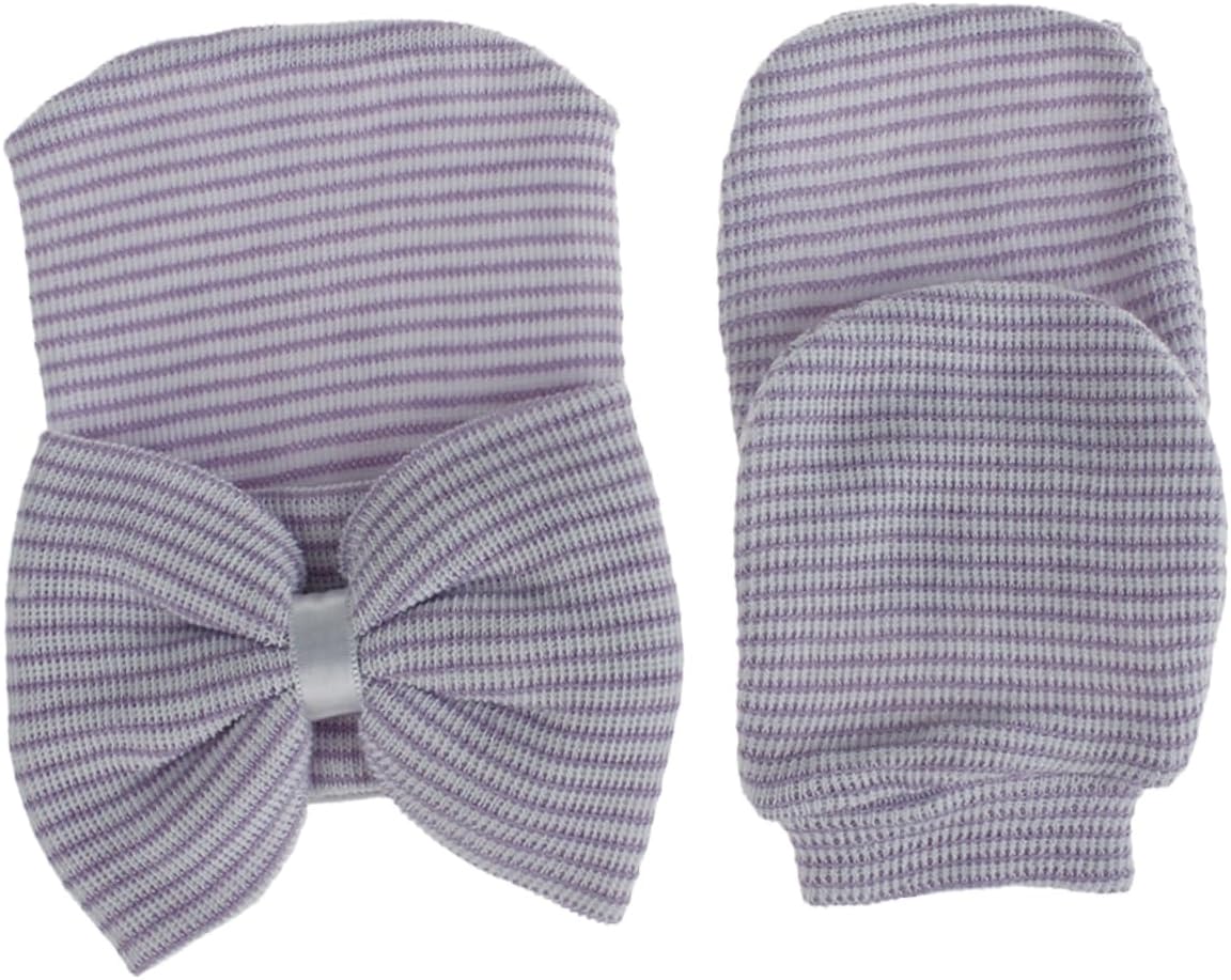 Baby Knit Cap and Glove Set with Big Bow, White Yarn for Girls