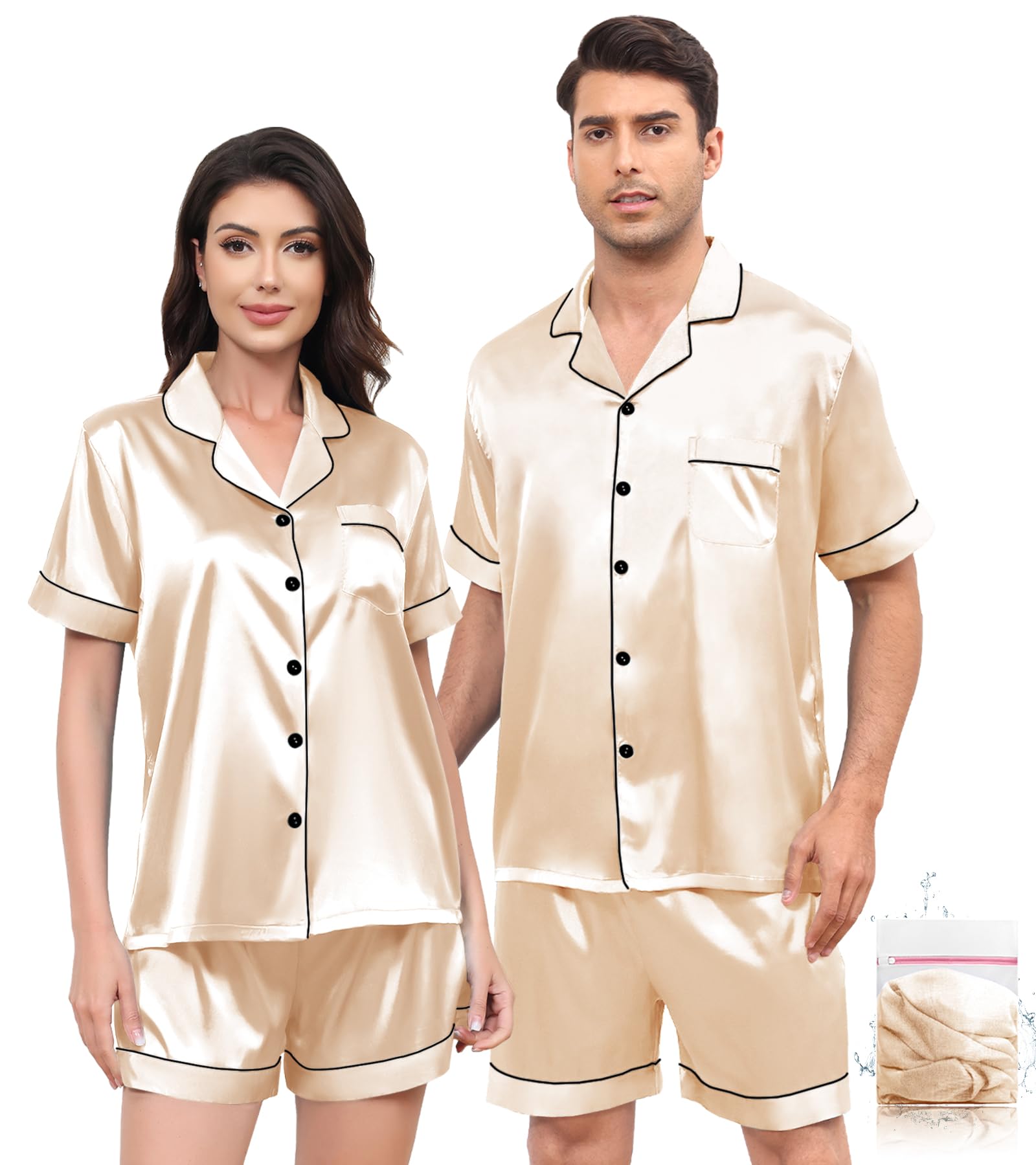 Silk Matching Pajamas Set for Couples Women Men Stain Short Sleeve Sleepwear Button Down 2 Pcs Pjs Sets S-3XL