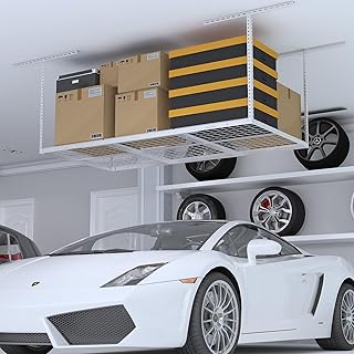 3x6ft Overhead Garage Storage Rack, Heavy Duty Metal Ceiling Shelf, 22'' to 40" Adjustable Dropdown, 450lbs Loading Weight Capacity, White