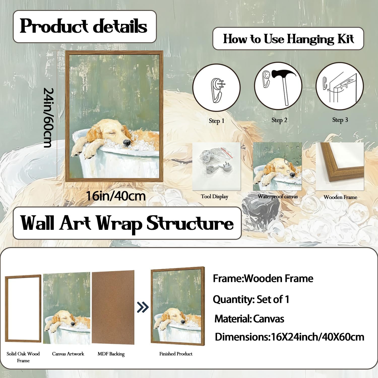 Funny Dog Bathroom Wall Art Whimsical Golden Retriever in Bathtub Painting Wall Decor Cute Animal Bathroom Poster Canvas Prints Pictures 24x16 inch Wood Framed