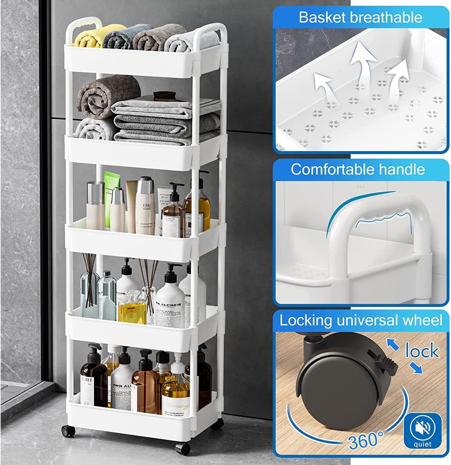5-Tier Rolling Cart, Multipurpose Utility Cart, Rolling Carts with Lockable Wheels, Storage Cart Craft Cart Organizer for Bathroom Laundry Kitchen,Used as book art snack lash makeup diaper cart, White