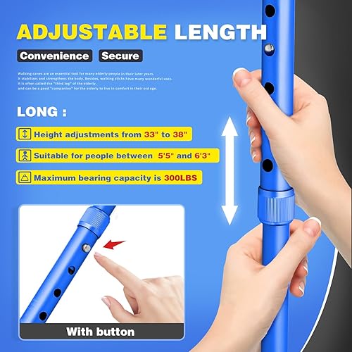 Vista 6 de BigAlex Bastón plegable con luz LED, base cuádruple giratoria, bastón ajustable con bolsa de transporte para hombres y mujeres azul(5'5"-6'3")