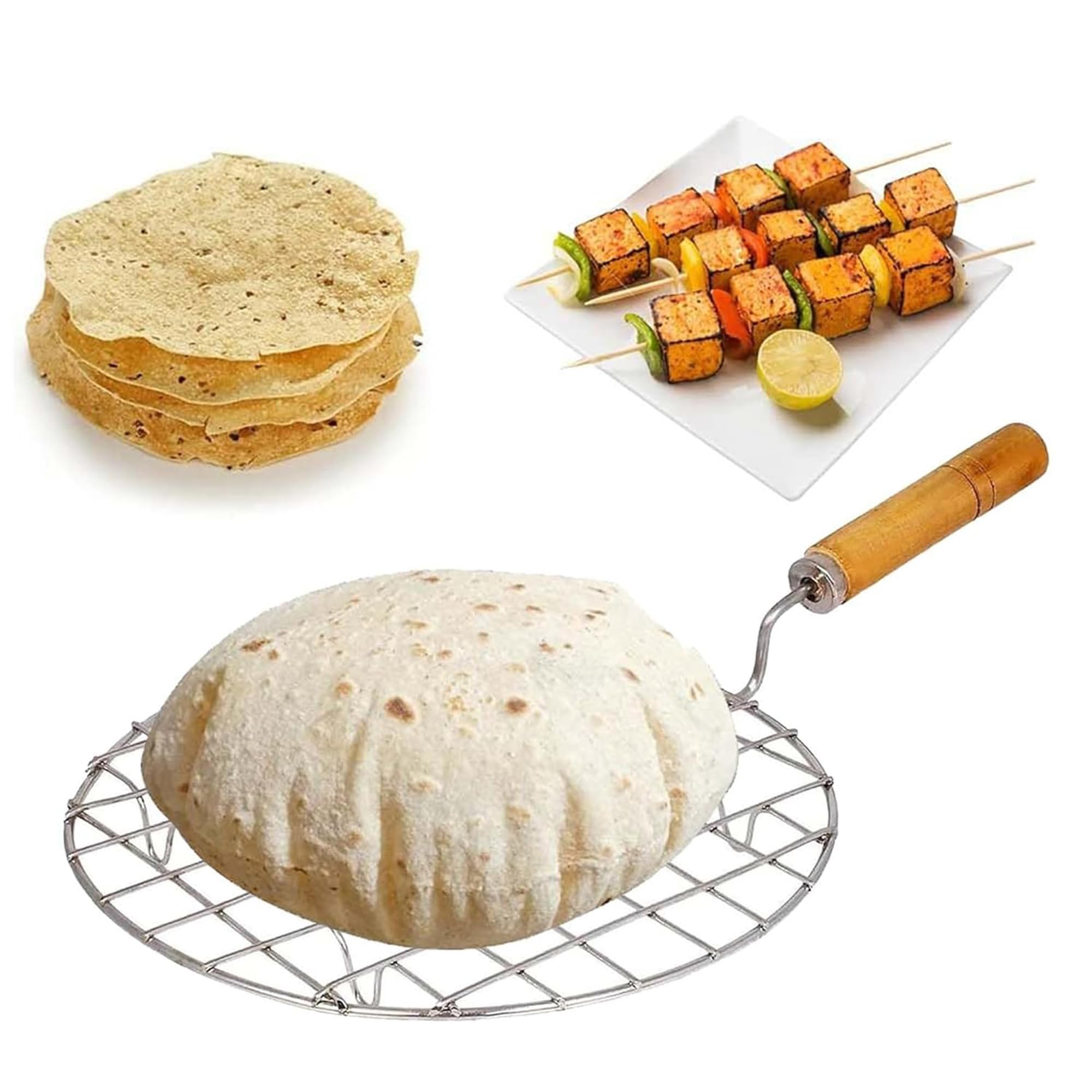 Expresso Papad Jali Roast, Paneer Grill, Roti Maker, Barbeque Jali Roaster Chapati Toast Grill Wooden Handle Vegetable tandoor net, Baigan Bharta (Round)