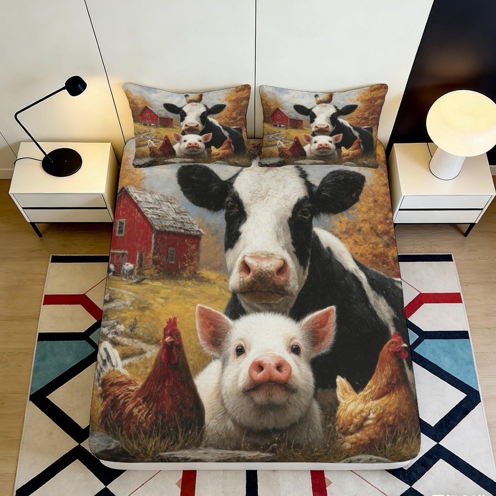 Pnayamiorkfel Style-4 3D Printed Farm Animal Fitted Sheet Microfiber Soft Rustic Barnyard Pig Cow Chicken Mattress Cover For Bedroom Decor 90X200x25cm