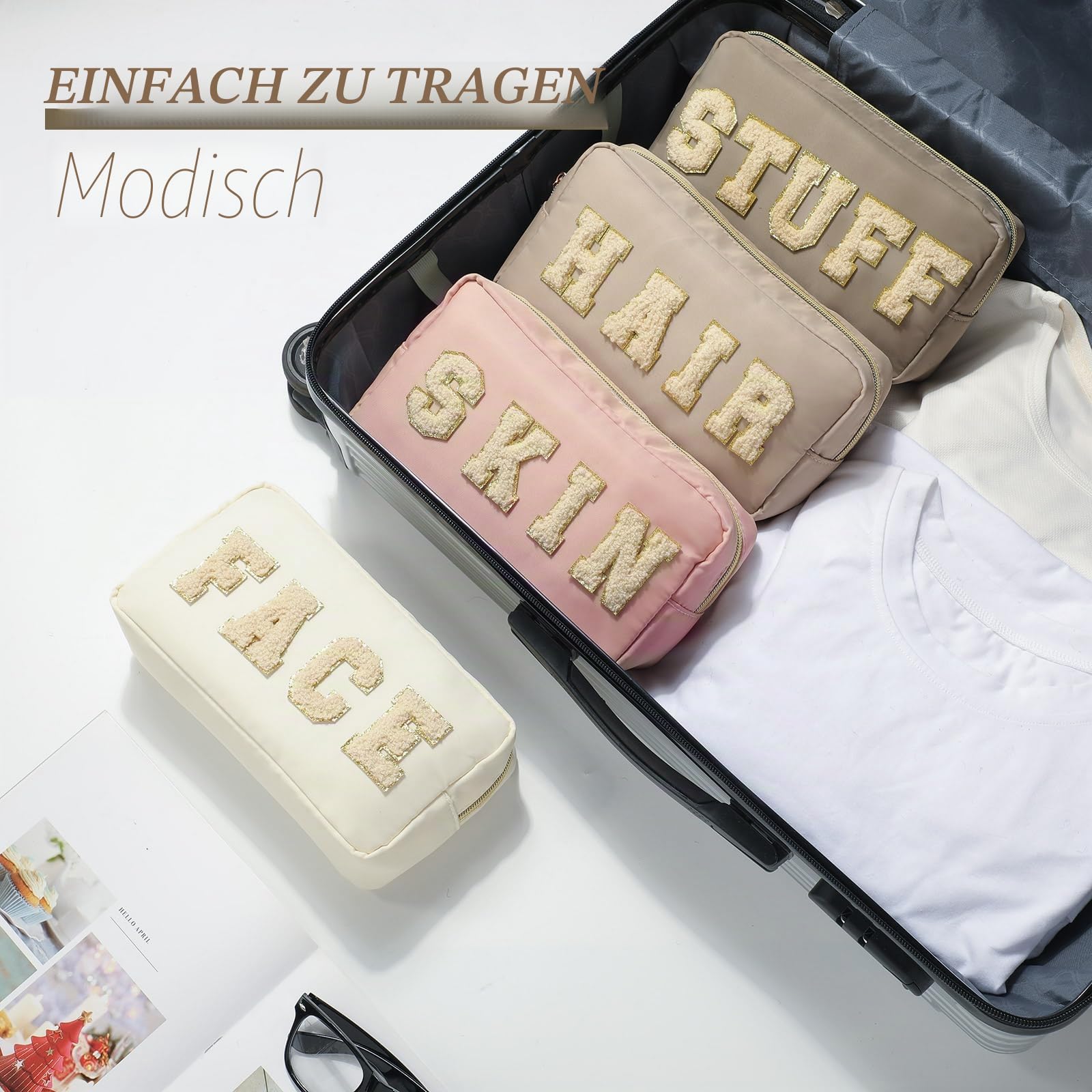 4 Stück adrette Make-up-Taschen aus Chenille, mit Reißverschluss, für Damen, Reise-Kulturartikel