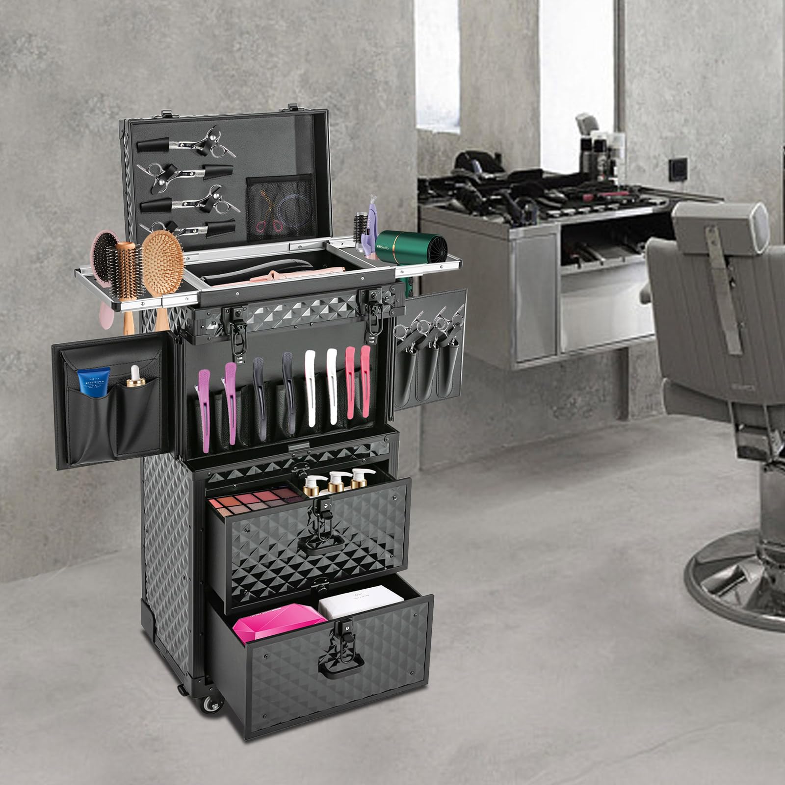 KeruRome Cosmetology Case on Wheels, Rolling Makeup Train Case Nail Travel Case for Nail Tech, Professional Rolling Makeup Case with Drawers & 2 Mobile Password Lock, Black