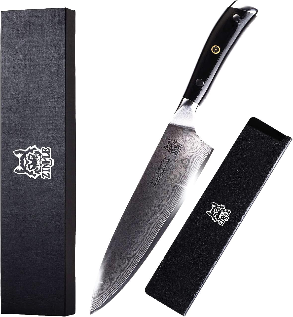 ZINPLE Damascus Chef Knife 8 In, Professional Chef's Knife High Carbon VG10 Super Steel 67-Layer Damascus, Kitchen Knife Meat Cutting Japanese Chef Knife Hardened Knife Gift Box, Ergonomic G10 Handle