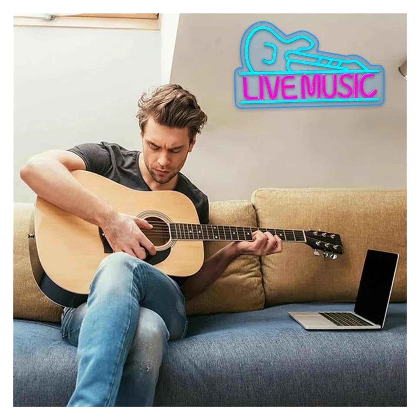 Insegna al Neon Insegna Al Neon Live Music Luce Per Chitarra Blu Dimmerabile Alimentata Tramite USB Per Studi Musicali Club Bar Decorazione Da Parete 42cmx24cm