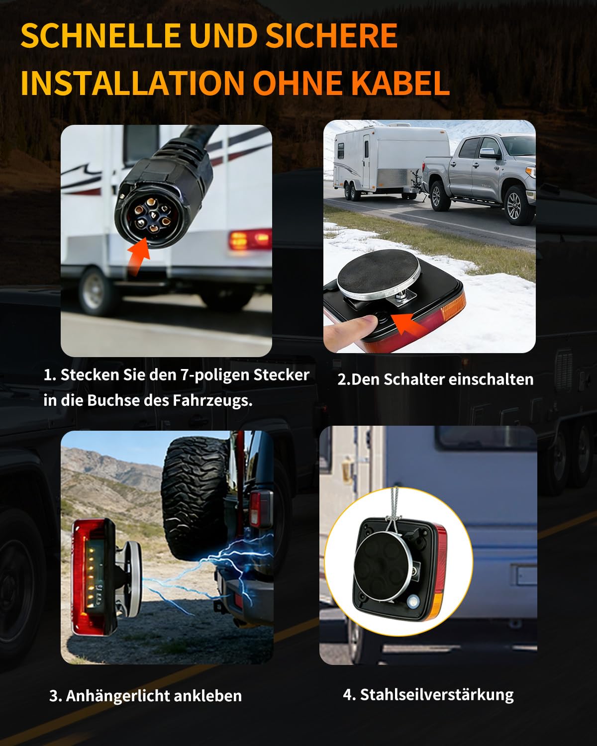 Anhänger Rückleuchten magnetisch drahtlos, Anhänger Rückleuchten mit Fahr-/Blink-/Bremslicht, starke Durchdringung bei Regen, 7-Pin 12V-24V, für Anhänger, PKW, LKW, Lastwagen, Wohnmobile