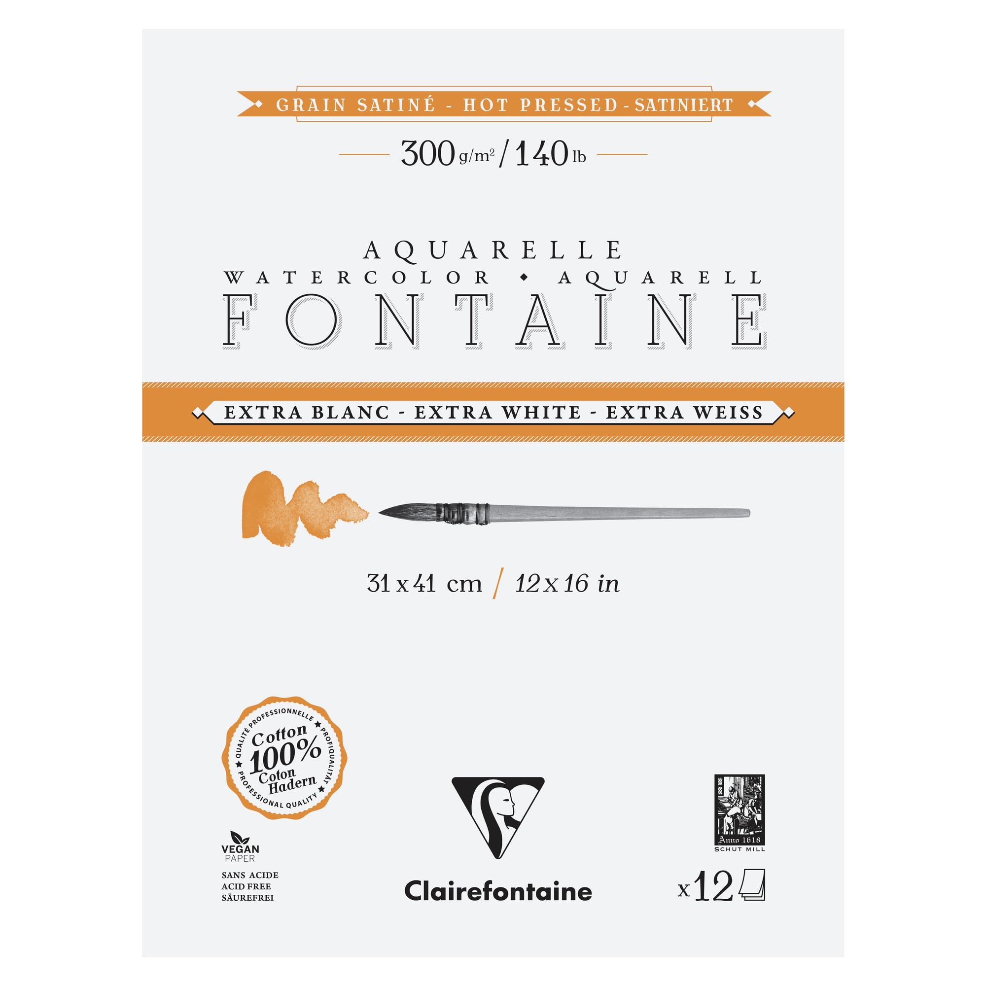 Clairefontaine 976022C Bloc Encollé 4 Côtés Fontaine Extra Blanc - 12 Feuilles Papier Aquarelle Extra Blanc 100% Coton Grain Satiné - Qualité Professionnelle 31x41cm 300g