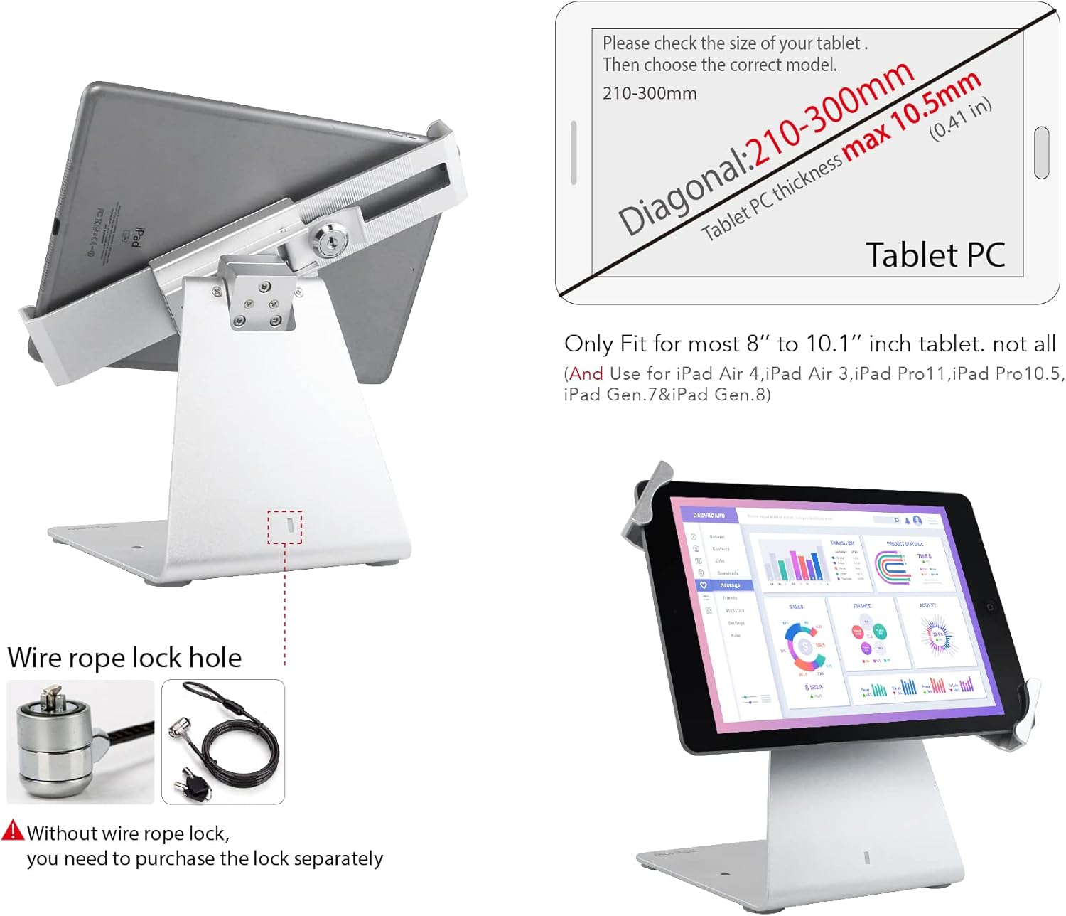 Desktop Anti-Theft Security Kiosk Stand Holder Enclosure for Most 8 to 10.1 Inch,& for 10.2",10.5",10.9",11" iPad with Lock and Key,Flip &360°Rotating Horizontal or Vertical Design… (Silver)