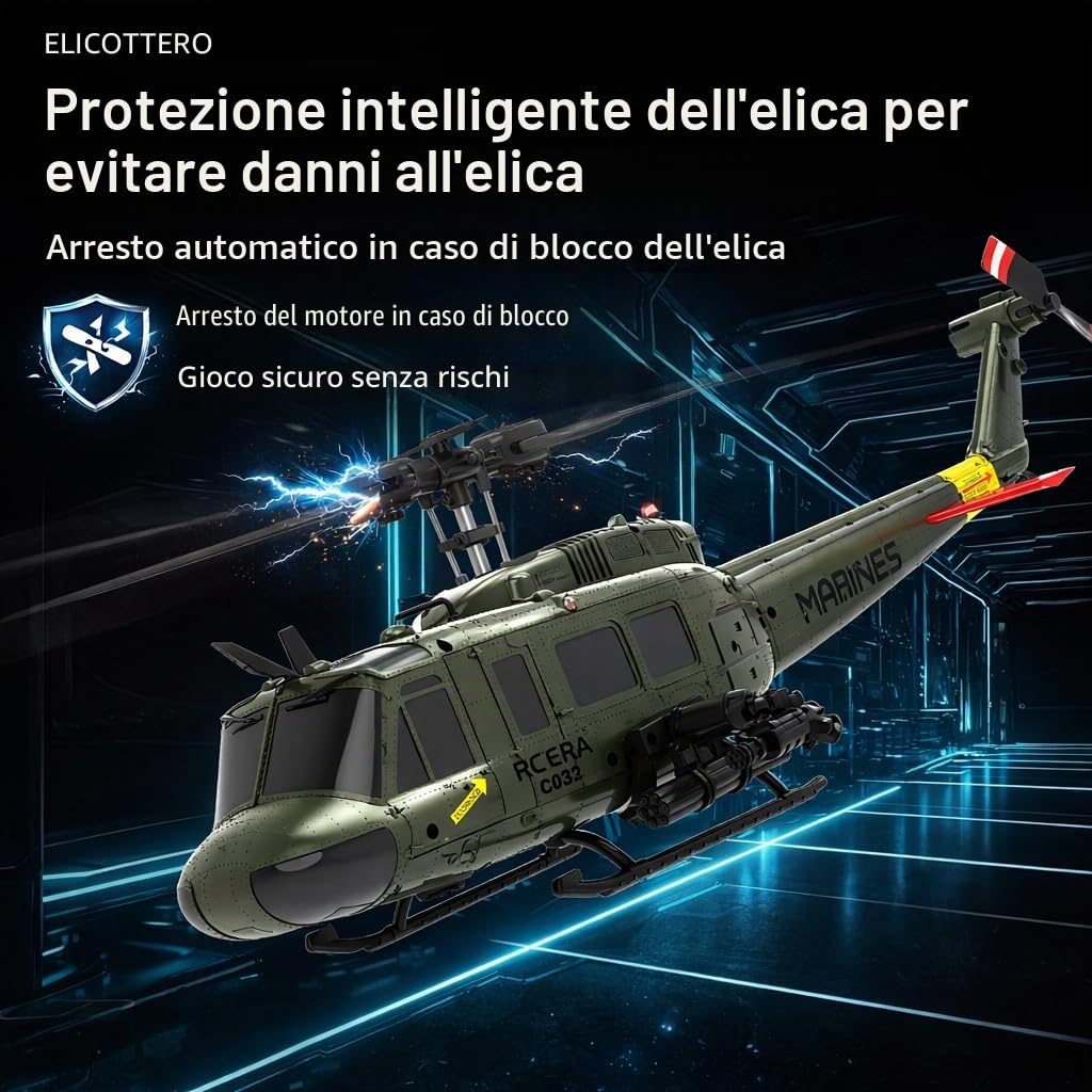 C032 Elicottero RC per Adulti, UH-1 Huey 6CH Militare Scala Elicottero RC acrobatico senza alettoni con Volare a testa in giù 3D Rotolamento e sistema di posizionamento intelligente(Yellow)
