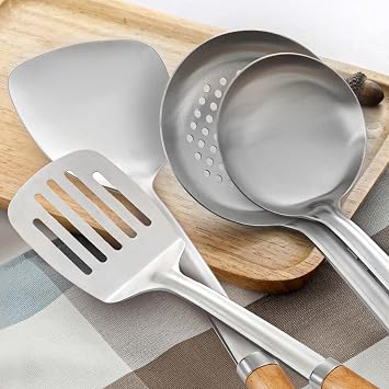 Pleafind Cooking Utensils Set - Stainless Steel Kitchen Utensils Set with Wooden Handle, 4 Pcs Utensils Set Include Wok Ladle, Slotted Spoon, Wok Spatula and Slotted Spatula