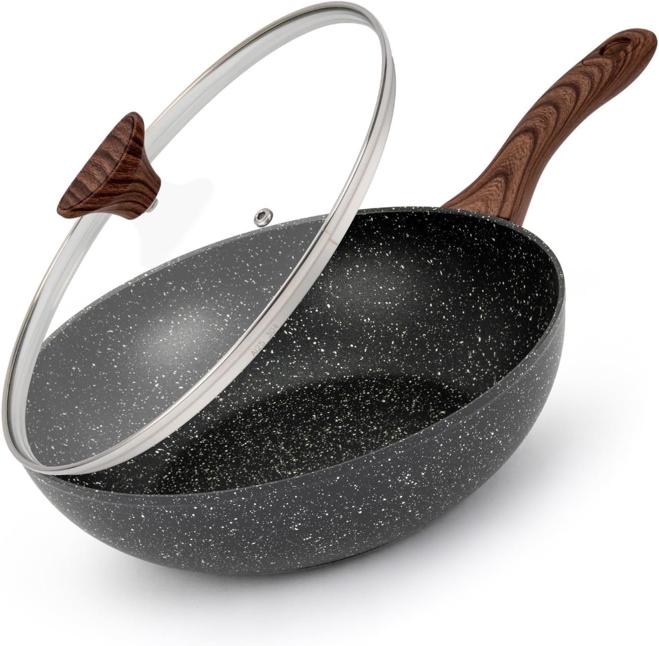 LENAK 28cm / 11inch Non-Stick Wok Pan with Glass Lid & Bakelite Deep Stir Fry Saute Frying Pan with Induction Base, Gas Electric All Hobs Cooking Pan Black Marble Effect