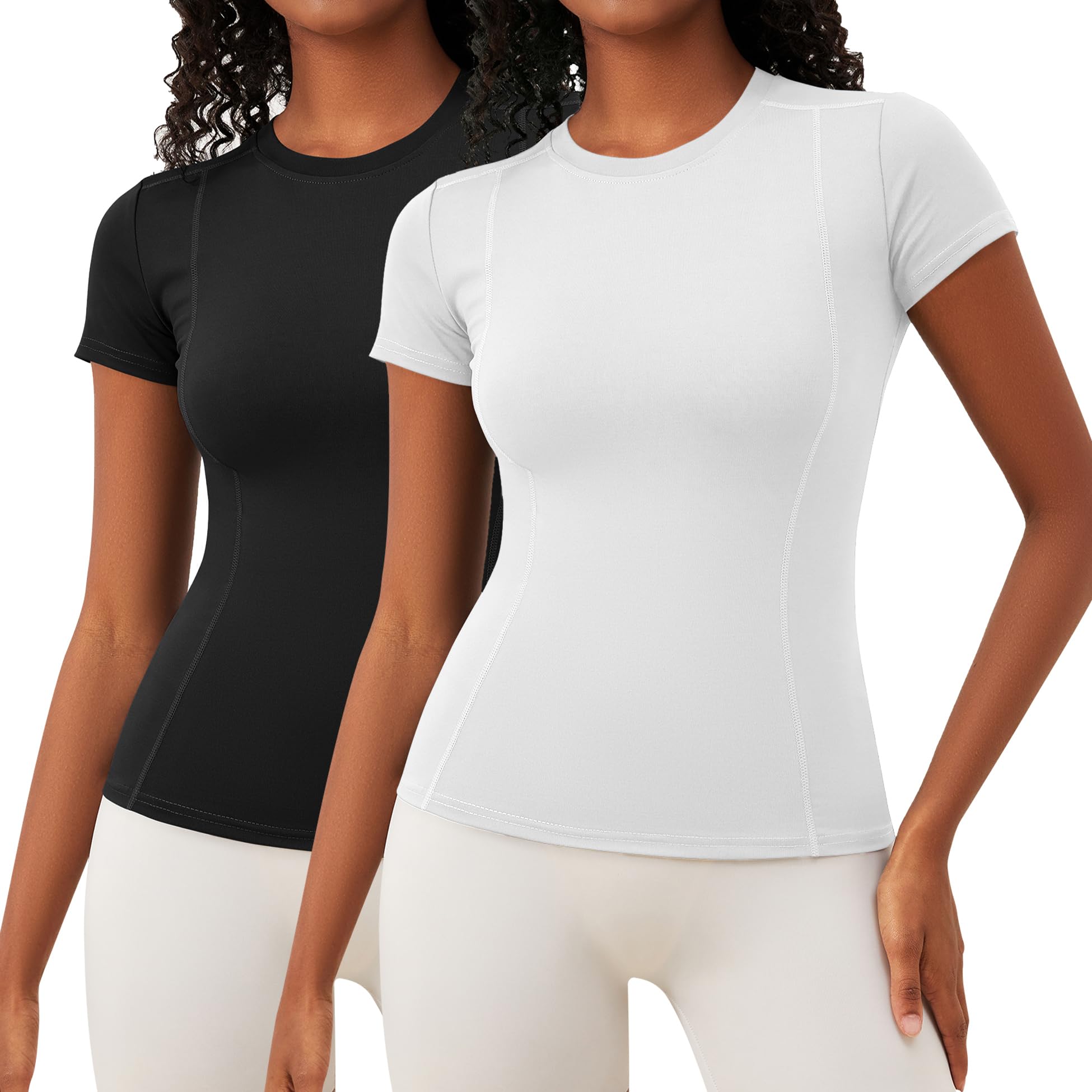 IECCP T-shirt de sport pour femme, à manches courtes, col rond, respirant, athlétique, course à pied, gym, yoga, fitness, taille XS à XL, noir et blanc, XS
