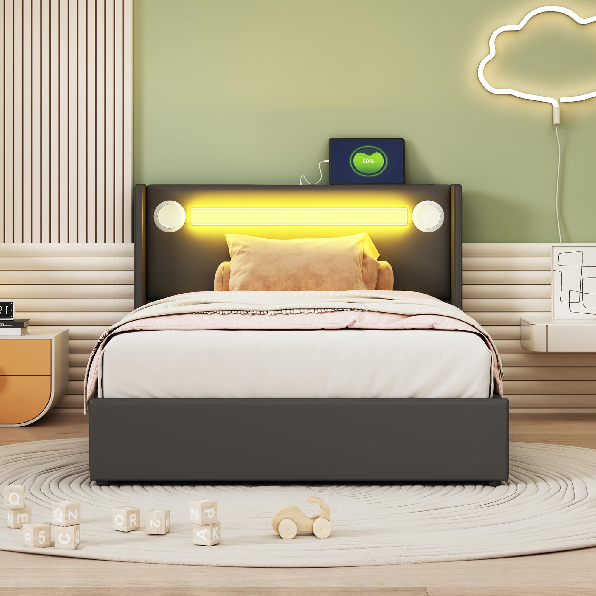 Letto imbottito singolo, 90 x 200 cm, con testiera LED, altoparlante Bluetooth e ricarica USB, in ecopelle, letto imbottito con spazio e rete a doghe, senza materasso (nero, 90 x 200 cm)