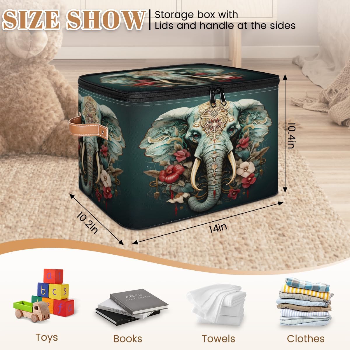 Storage Bin Set of 2 Boho Africa Elephant Storage Basket with Zipper Lid & Handle Foldable Closet Shelf 2 Pack Cloth Organizer Basket Cube Bins Clothes Organizer for Bedroom, Nursery