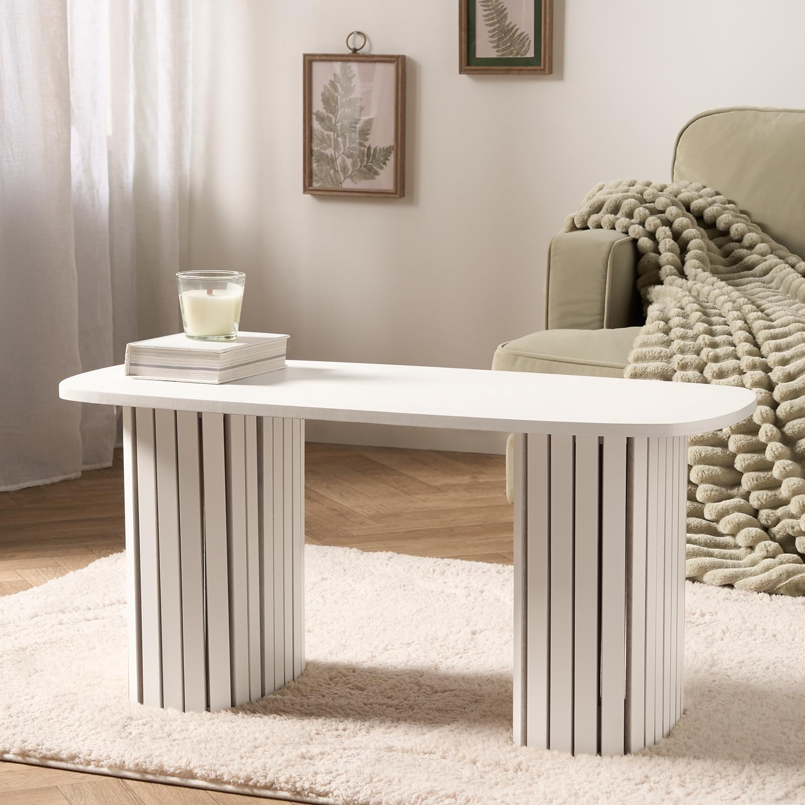 OHS Small Centre Table Living Room, Wooden Coffee Table for Home Office Madison Ribbed Wood Frame Decorative Coffee Tables for Living Room, Cream - 85 x 40 x 41cm