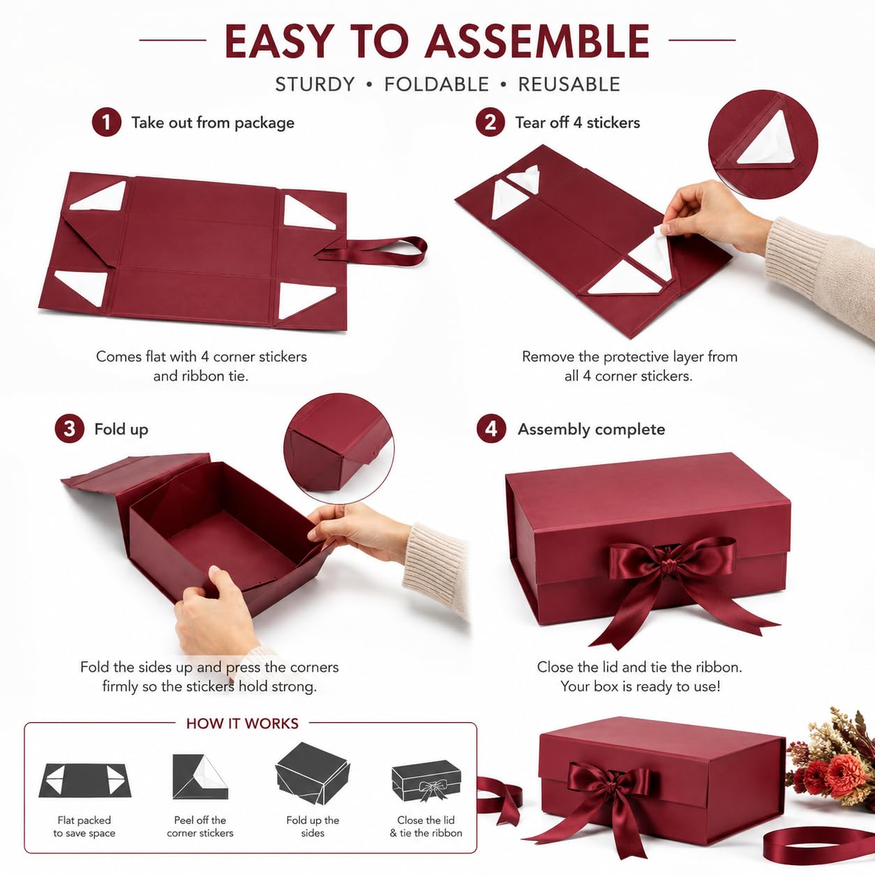 Aakriti Maroon Gift Box Large| 26 x 26 x 10 cm Hamper Boxes for Gifts, Chocolates & Jewellery | Empty Gift Boxes with Satin Ribbon For Luxury Packaging Pack of 10 pcs Large 4