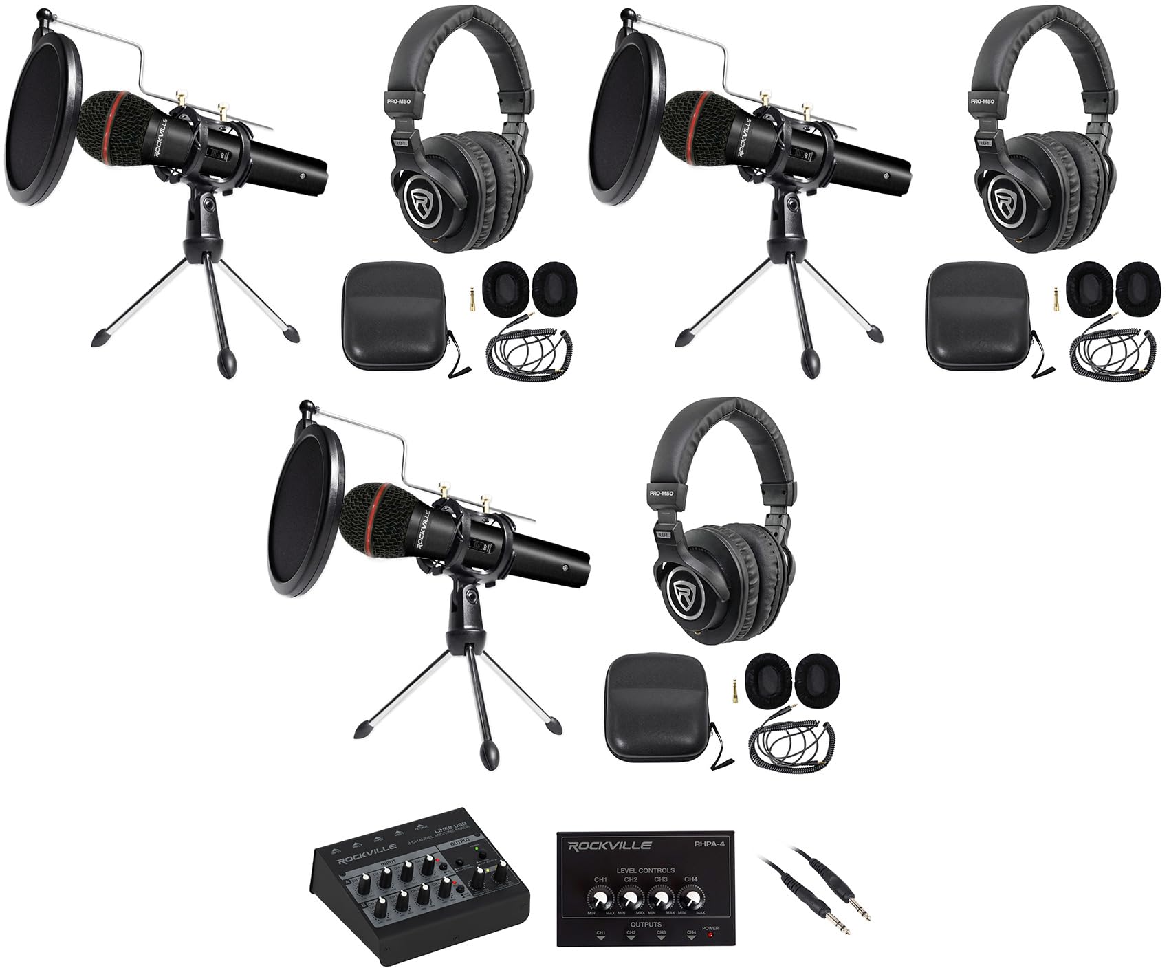 Rockville Bundle: LINE8 USB 8-Ch Mic/Line Mixer Bundle with (3) Handheld Wired Microphone, (3) Tripod Microphone Stand, (3) Studio Headphones, Headphone Amplifier & 1/4'' TRS Balanced Cable (12 Items)