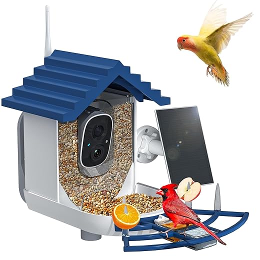 Smart Bird Feeder with Camera Solar Powered & AI Bi rd Identification, 2.4Ghz WiFi Bird feeders for Outdoors, 2K Live Video, Nstant Arrival Alerts - Best Gifts for Bi rd Lovers（Indigo Blue）