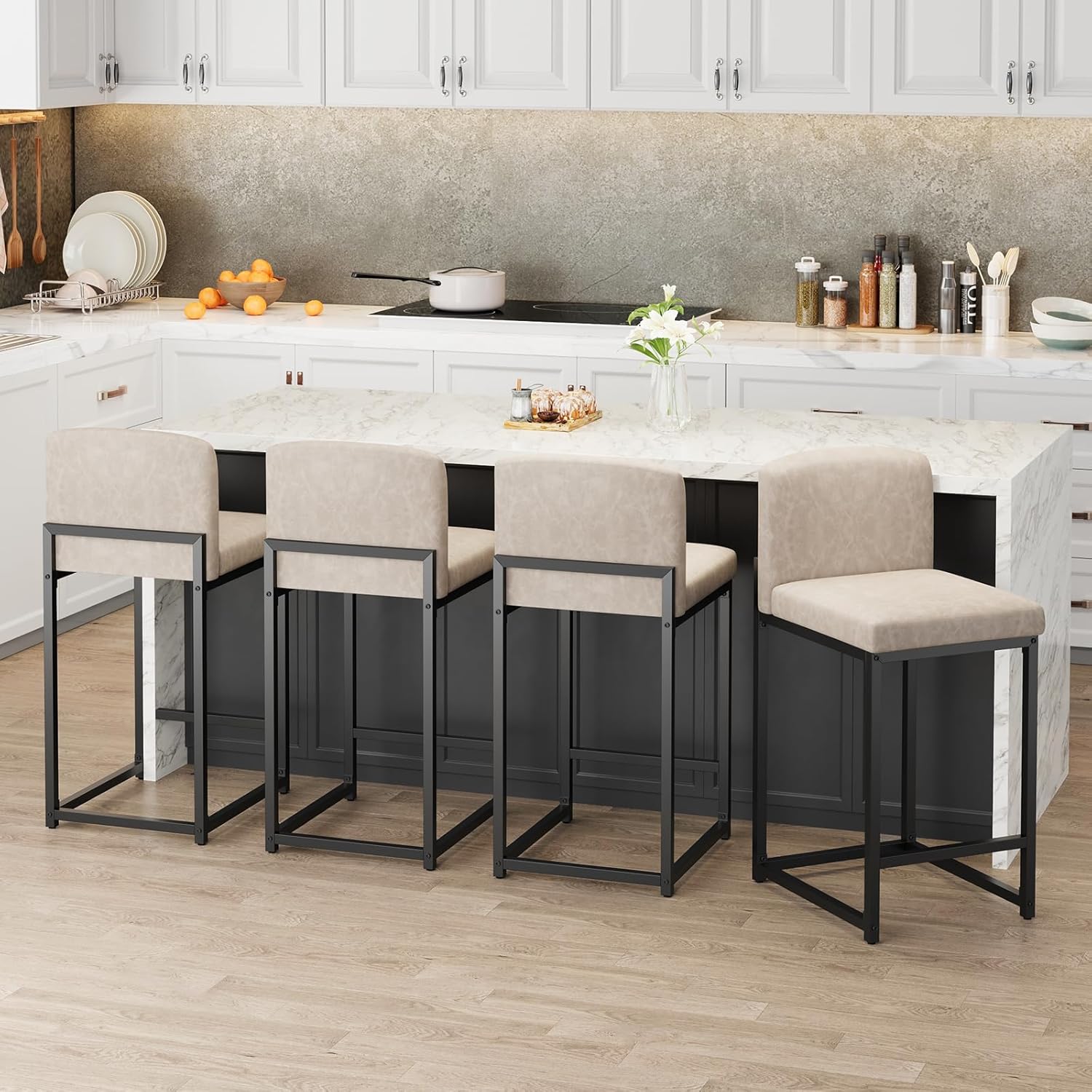 GarveeHome Bar Stools Set of 4, Modern Counter Height Bar Stools with Back and Footrest, Faux Leather Upholstered Barstools Chairs for Kitchen Island Dining Room Bar, Beige