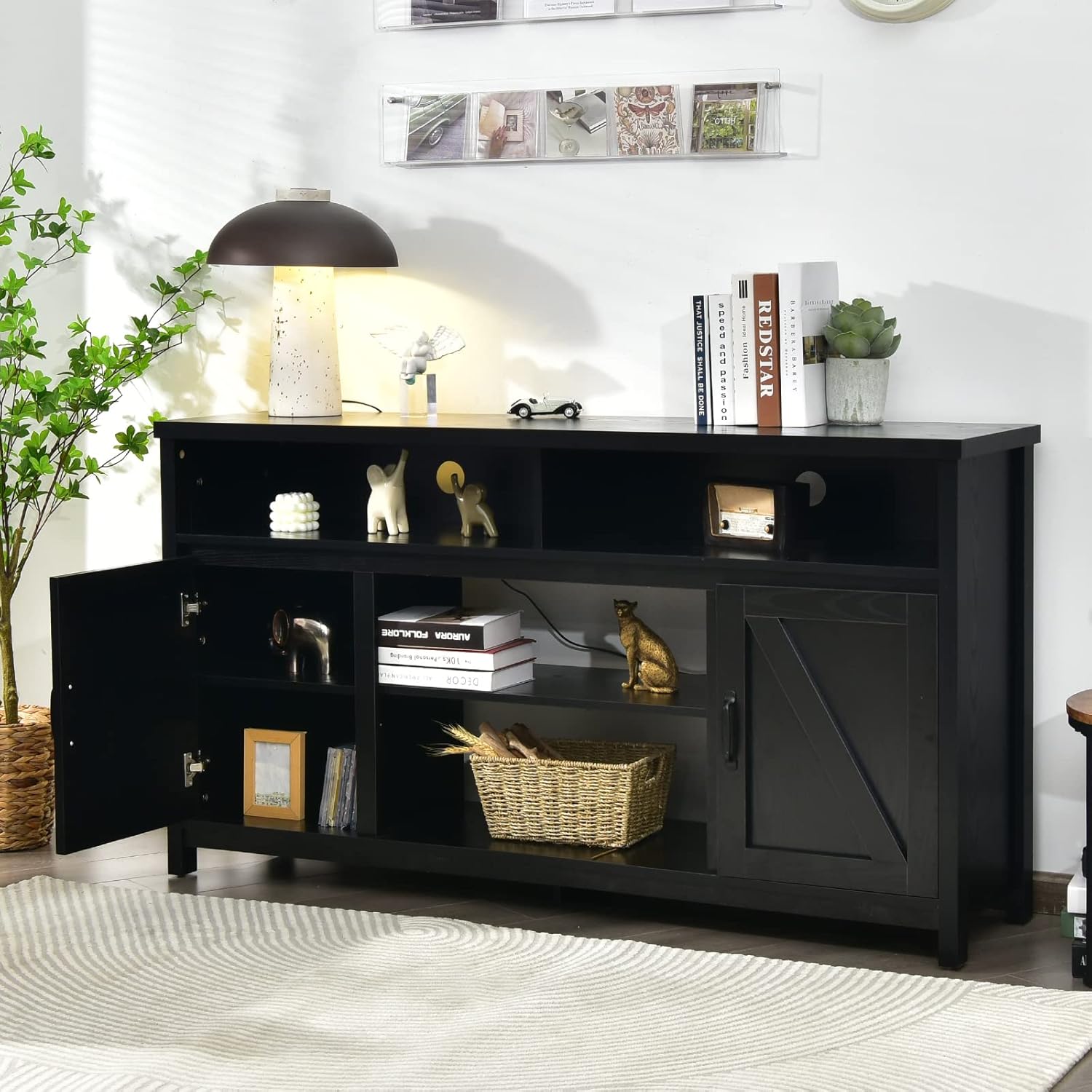 Tangkula Modern Farmhouse TV Stand, 59-Inch Storage Cabinet for TVs Up to 65 Inches, Double Barn Doors, Adjustable Shelves, Wood Entertainment Center Console Table for Living Room (Black)