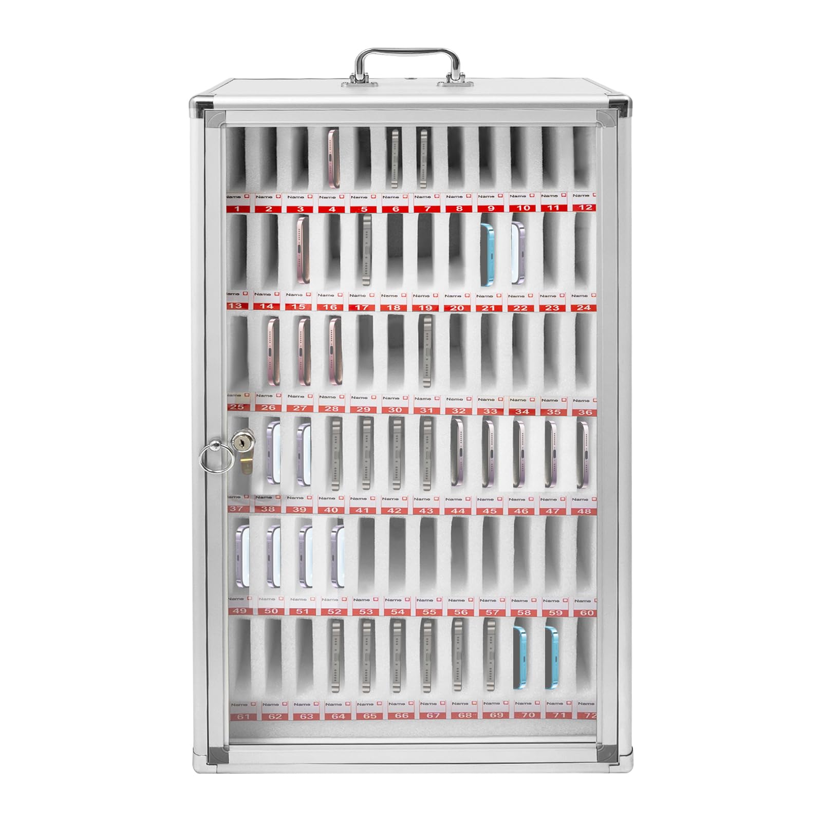 72 Slots Portable Cell Phone Locker, Aluminum Alloy Pocket Chart Cell Phones Storage Cabinet, Wall-Mounted 72-Compartment Cell Phone Holder for Offices, Factories, Can be Carried by Hand