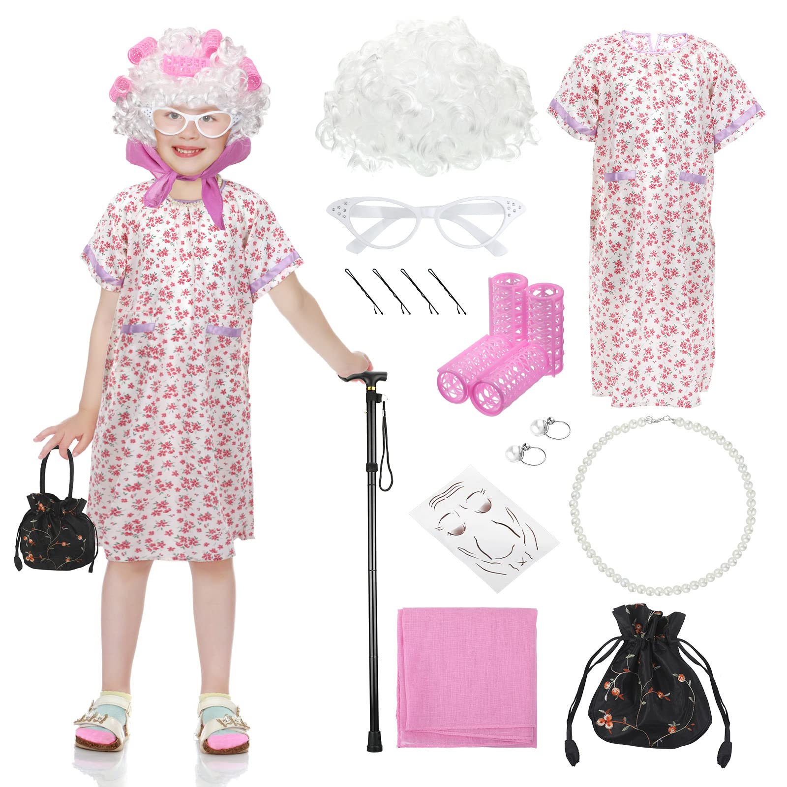 Yingzhao 14 Pcs Kids Old Lady Costume 100 Days of School Grandma Costume Accessories for Kids Old Lady Cosplay Kit (White Curly Wig, L)
