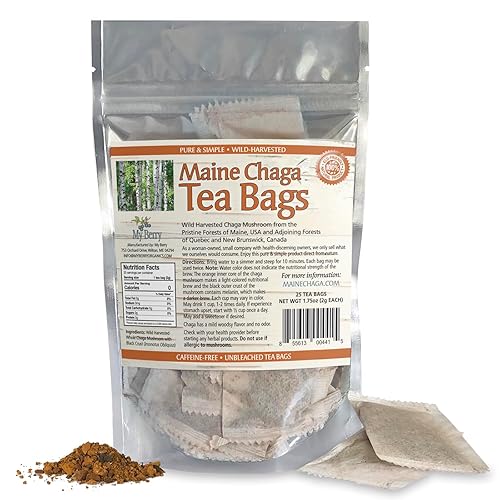 Bolsas de té Maine Chaga de My Berry | 100% cosechado silvestre canadiense | Té de hierbas 100% sin cafeína sin aditivos | 25 bolsas sin blanqueador