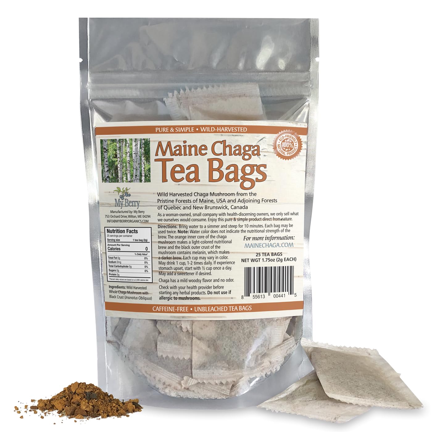 Maine Chaga Tea Bags by My Berry | 100% Wild-Harvested, USA & Canadian Grown | 100% Additive-Free Caffeine-Free Herbal Tea | 25 Bleach-Free Bags