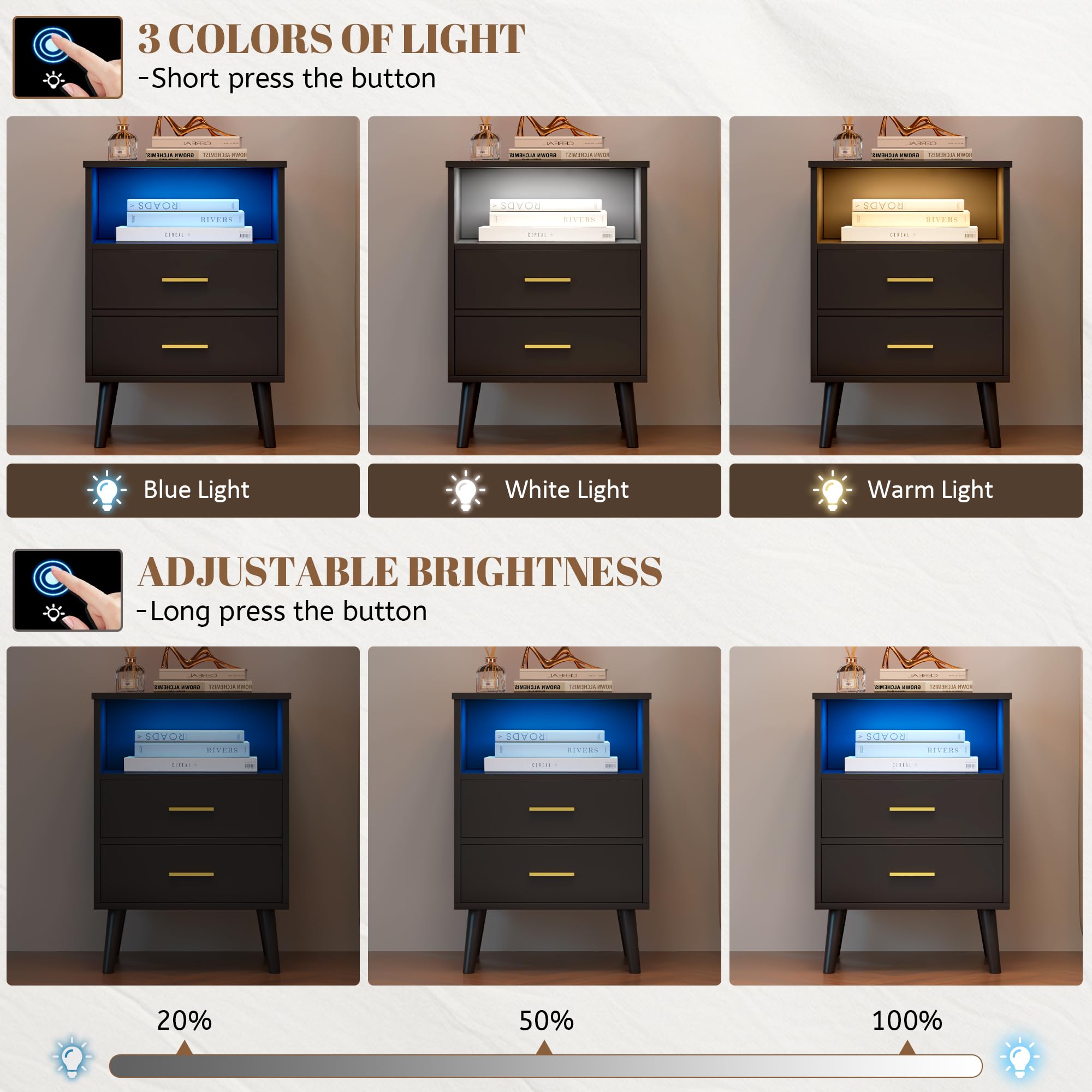 Vlsrka LED Comodino con Cassetto Nascosto, Comodino con Funzione di ricarica, Comodini moderni con 3 Cassetti, Comodini in Legno Camera da letto, Ricarica Wireless, Luci 3 colori, Nero