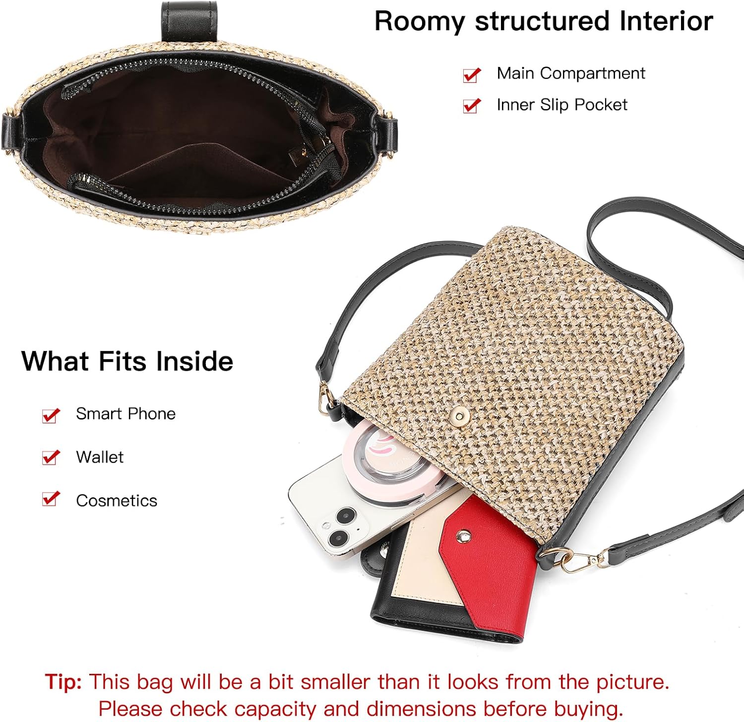 RNIEGA Small Straw Crossbody Bag for Women Woven Summer Shoulder Phone Purse Beach Handbag for Vacation