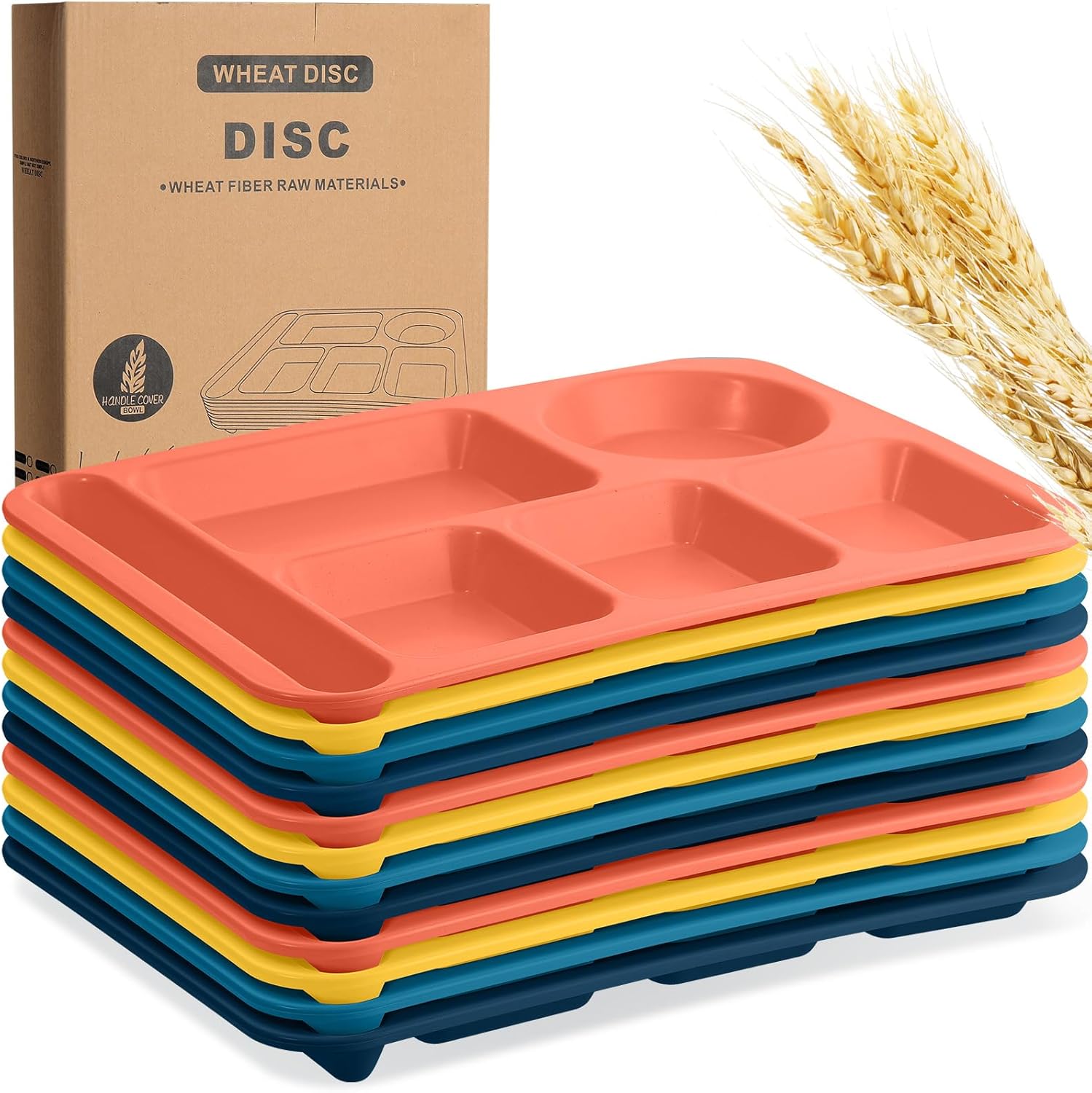 Pinkunn 12 platos divididos grandes de 14 pulgadas, bandejas de almuerzo irrompibles de paja de trigo, 6 compartimentos, bandejas de cafetería,