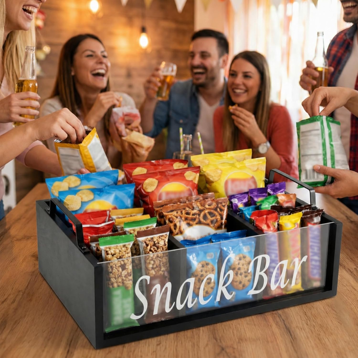 Snack Organizer for Countertop, Wooden 4-Compartment Basket, Black Pantry Container with 2 Handles, Storage Box for Coffee Bar, Office Desk, Kitchen Island, Breakroom, Party Table, Home, 1 Pack