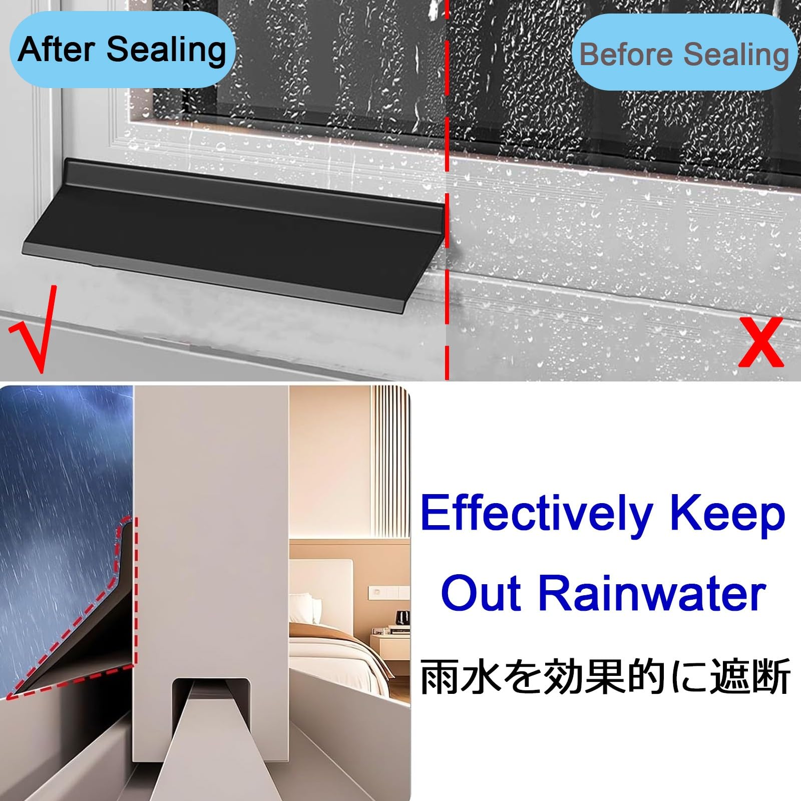 Barra Impermeable For Ventanas, Autoadhesiva, Negro Barrera De Agua For Alféizar Exterior, Cinta De Sellado De Caucho Duradero Para Protección Contra Fugas De Lluvia, Sin Deformación(W4.5 x L500cm)