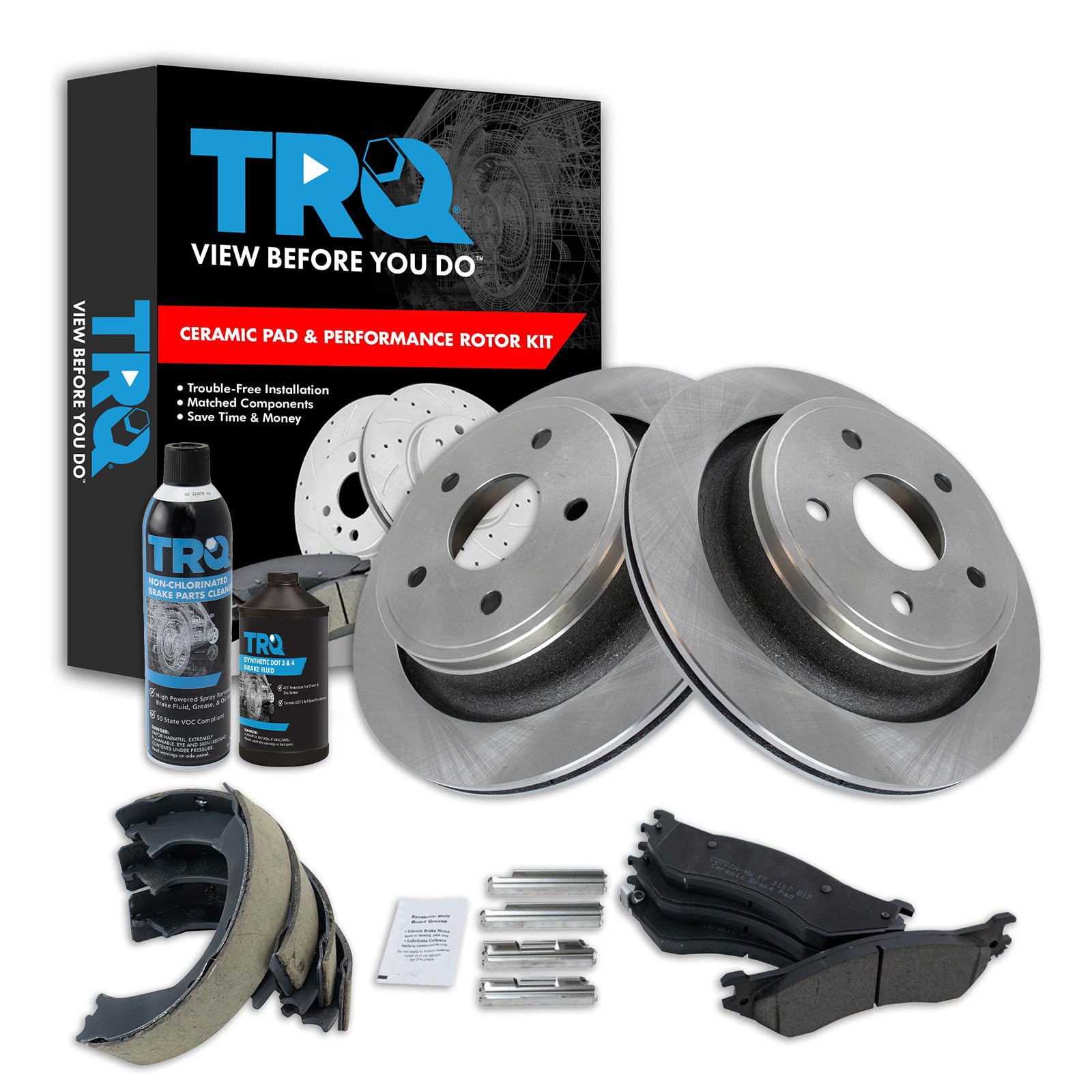 TRQ Rear Brake Pad &amp; Rotor Kit, with Chemical Kit Parking Brake Shoe Set Ceramic Compatible with 2004-2006 Dodge Ram 1500