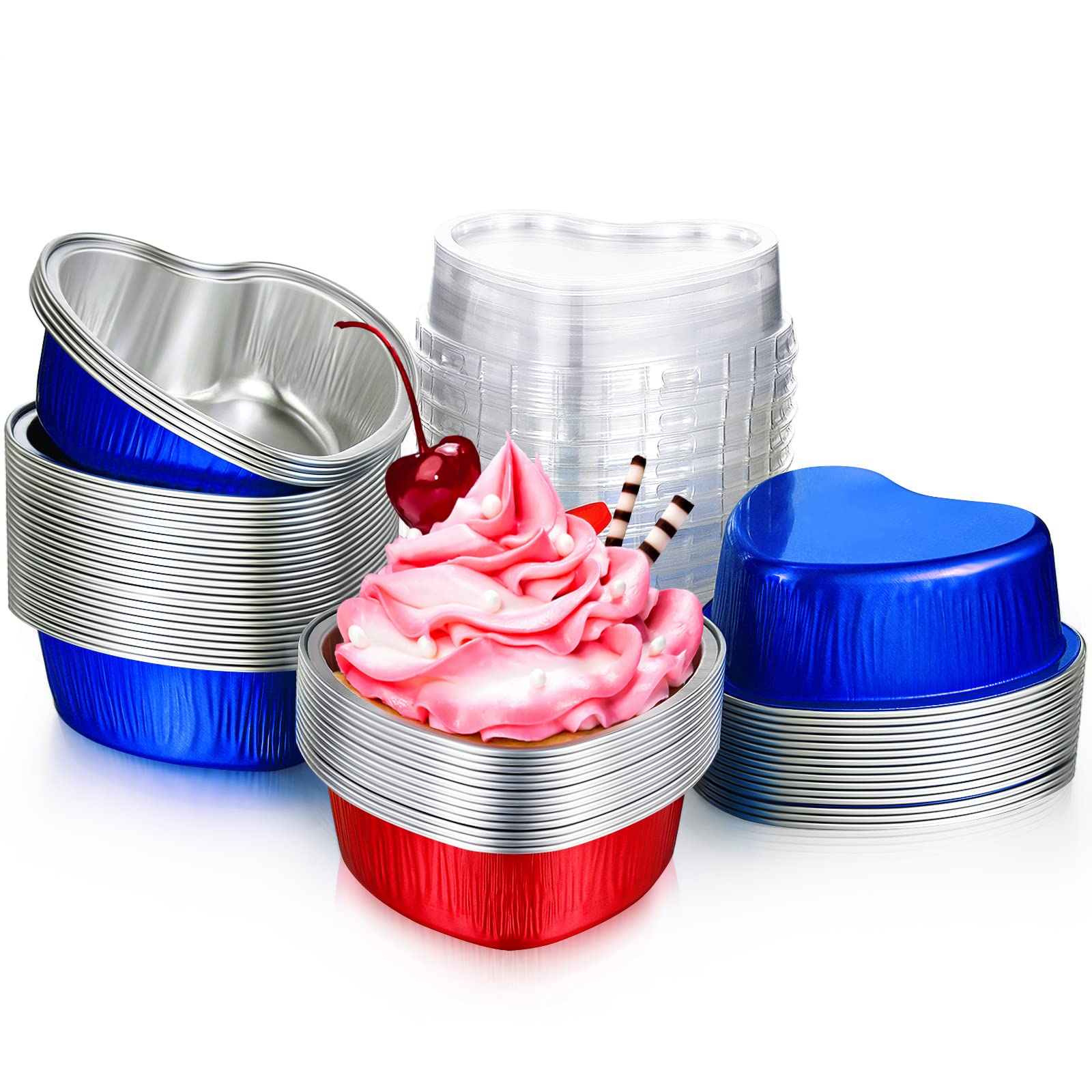 Honeydak 50 Sets Valentine Heart Shaped Cake Pans with Lids Aluminum Foil Cupcake Pans 3.4 oz Mini Disposable Cake Baking Cupcake Cups for Valentine