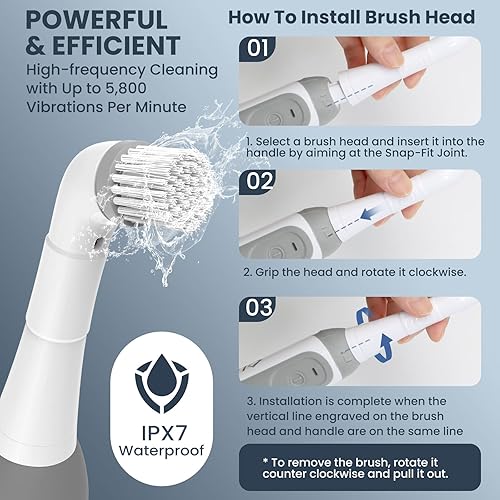 Miniatura 5 de LifeBasis Cepillo de limpieza eléctrico inalámbrico, resistente al agua, pequeño cepillo de lechada eléctrico con 5 cepillos para el hogar, cocina,