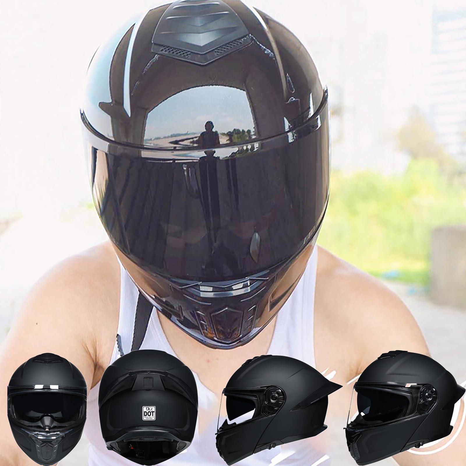 Modułowy Kask Motocyklowy, Kask Pełnotwarzowy Flip-Up Zatwierdzony przez DOT, Kasks Wyścigowy do Motocykli Drogowych, z Podwójnym Wizjerem, dla Dorosłych, Mężczyzn i Kobiet