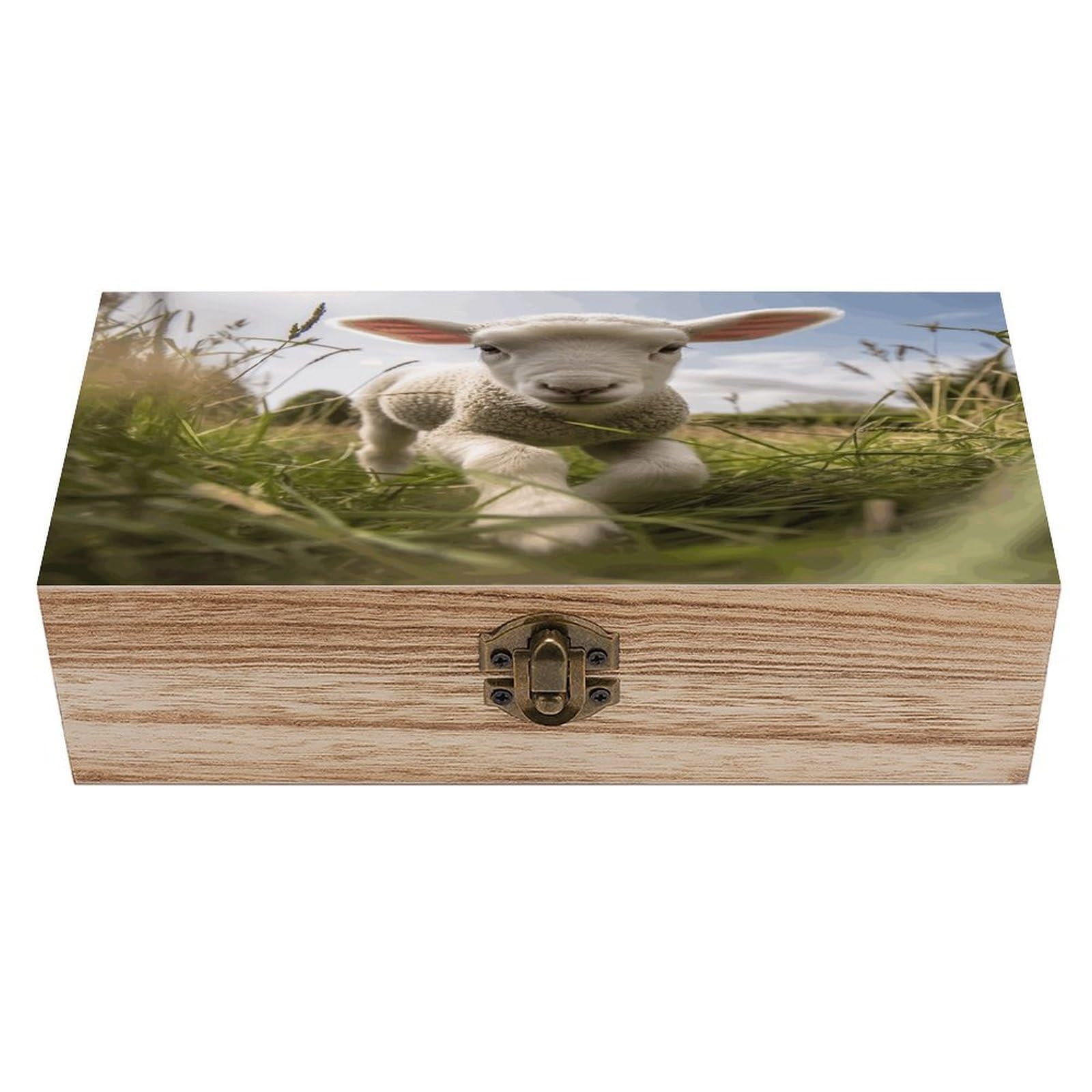 Adfgyerh Style Sheep Running On Grass Bins Solid Wood，Jewelry Box Retro And Exquisite，Storage Box Used For Storing Photos, Souvenirs, Letters, Gifts, And Jewelry.