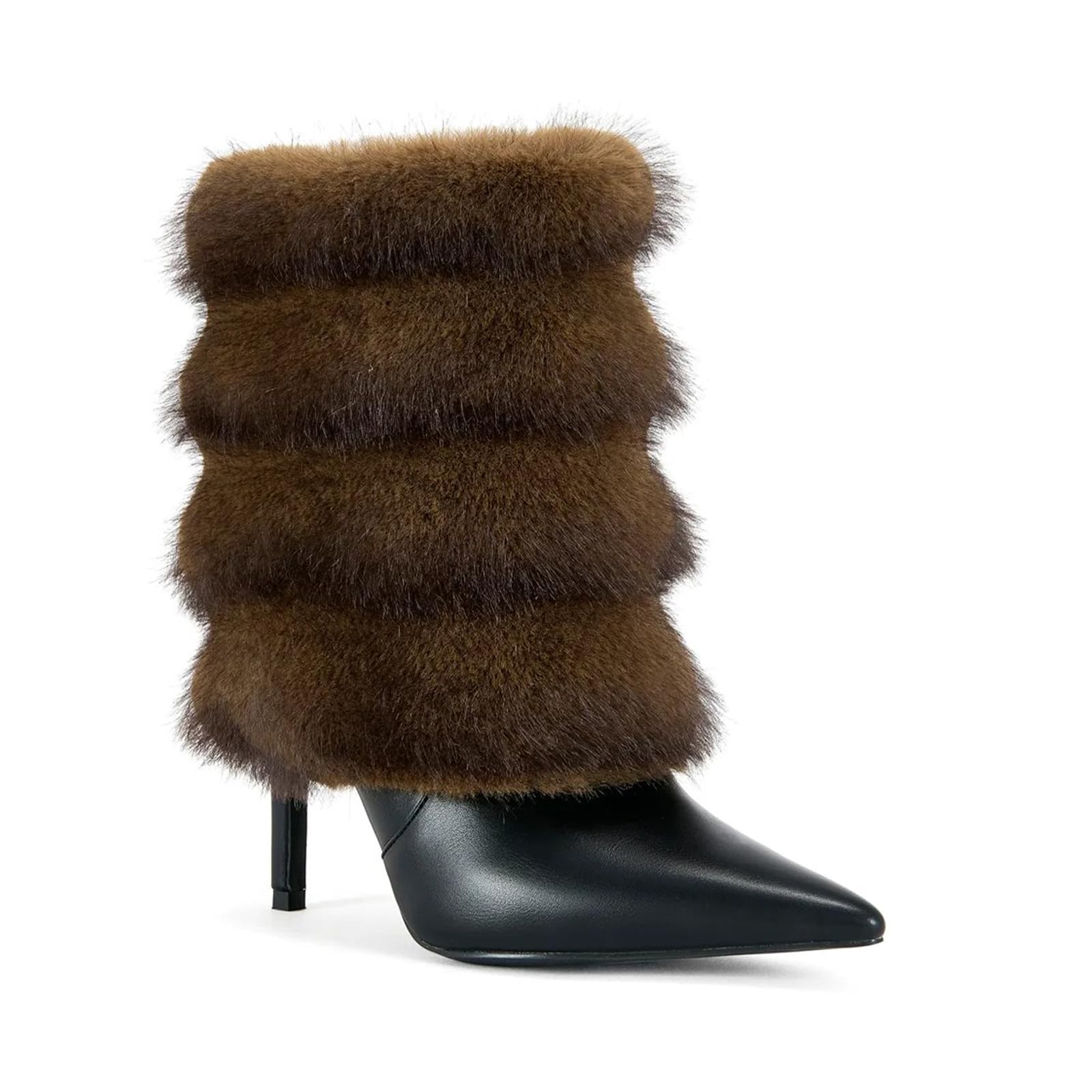 Womens Fur Ankle Boots Pointed Toe Stiletto Heel Fold Over Booties Fashion Slip On Wide Calf Fall Winter