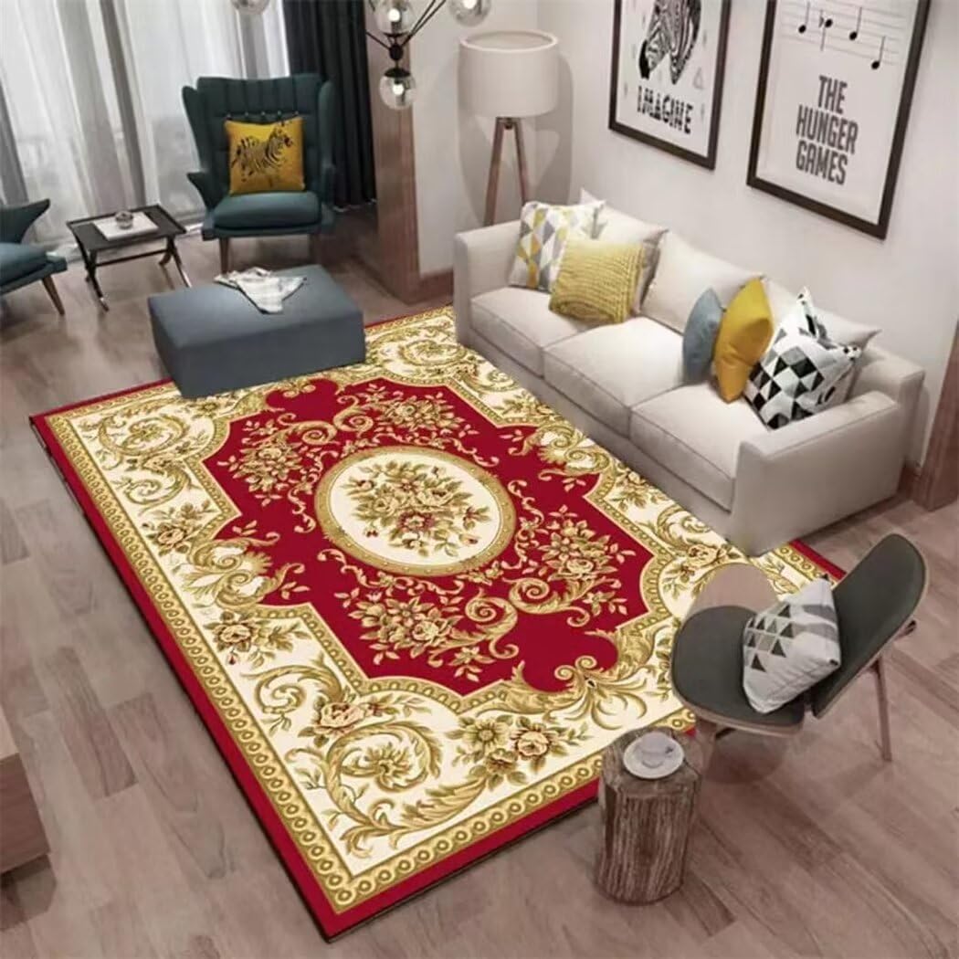 Tapis salon jeune rouge au motif floral pour créer un coin cosy