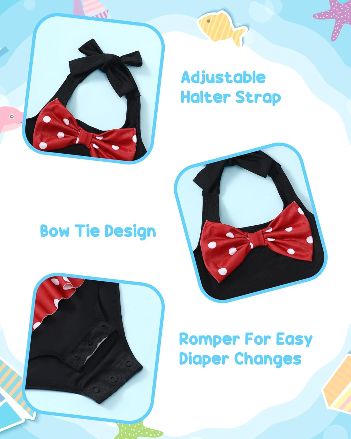 Kucnuzki Baby Girl Swimsuit Newborn One Piece Bathing Suit Bow Tie Bikini Tankini Infant Swimwear with Hat - Image 4