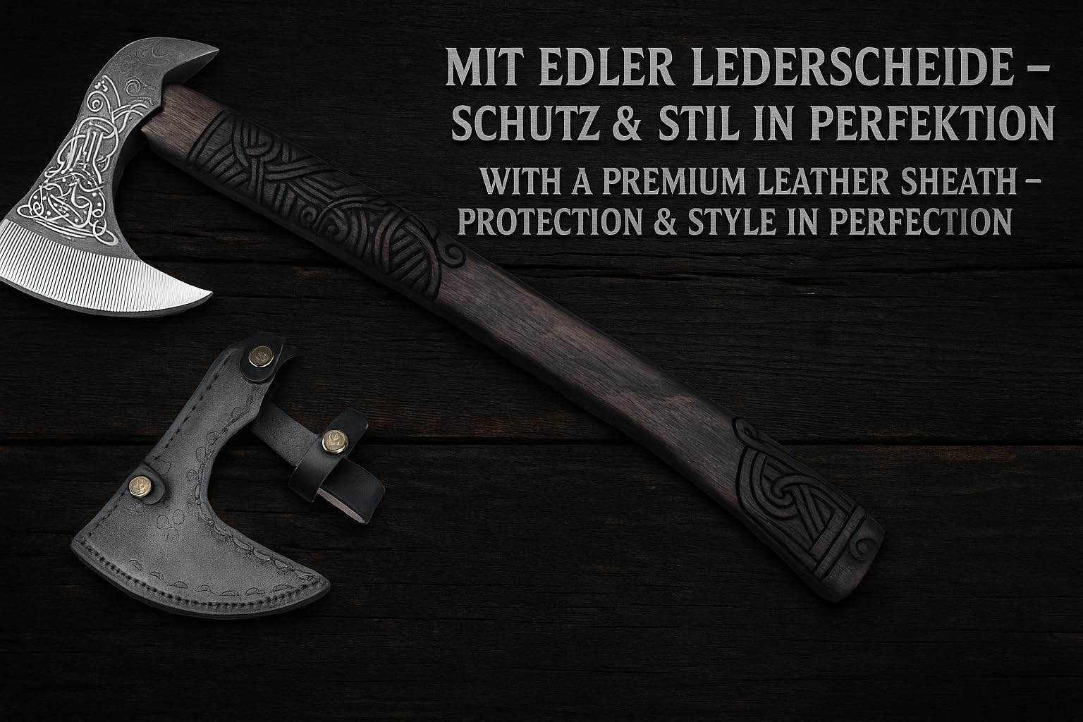 Novahaven Raven Fang – Hacha vikinga de lujo forjada a mano de acero al carbono y madera de fresno | Arte nórdico grabado | Hacha exclusiva para coleccionistas y al aire libre