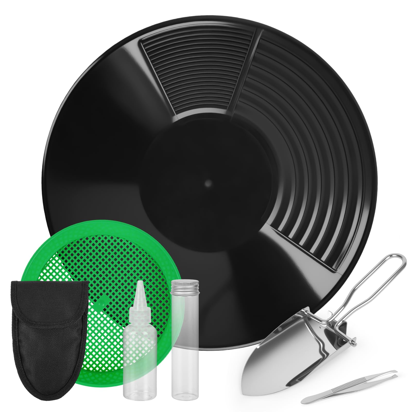 Kit per Lavaggio Oro, Batea Oro con Setaccio, Bottiglie e Accessori per Prospezione Miniere, Design a Scanalature 90° per Filtrare Impurità, canaletta per oro Leggero e Resistente 38.5cm (Nero)