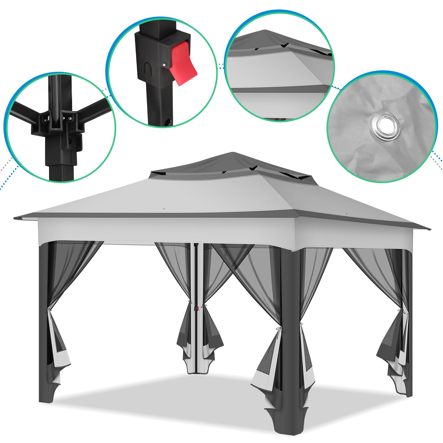 Pavillon 3x3m Étanche Stable, Double Toit Pavillon de Jardin, avec Moustiquaire Cadre Métallique, Bâche Tente de Fête Gazebo pour 2-4 Personnes (Gris)