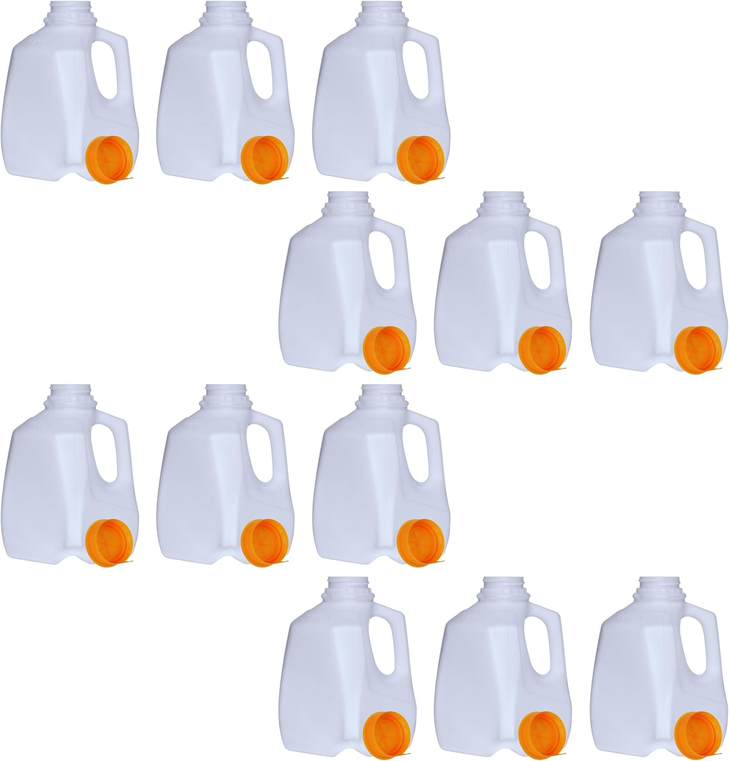(12 PACK) Mini Milk Jug Plastic With Lid Quart Size Jugs Empty Milk Jugs, Brews, Juice, Teas, Easy Grip Easy Pour Pitcher Elderly, Food Safe, Hdpe Squat 32 Oz Orange Snap Caps