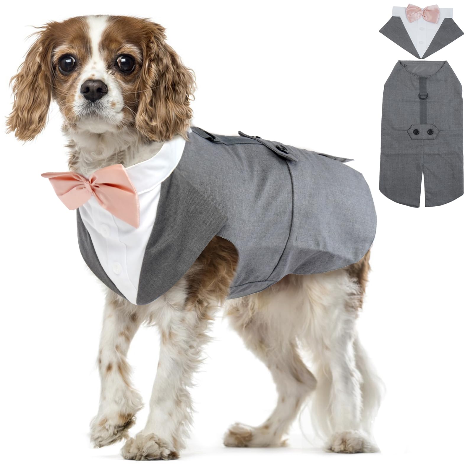 Smoking para Perro, Esmoquin Pajarita Traje Perros Boda Disfraz Elegante con Bandana Retirable Camisa de Esmoquin Formal Ropa Algodón para Perros Pequeños, Medianos y Grandes(Gris, XL)
