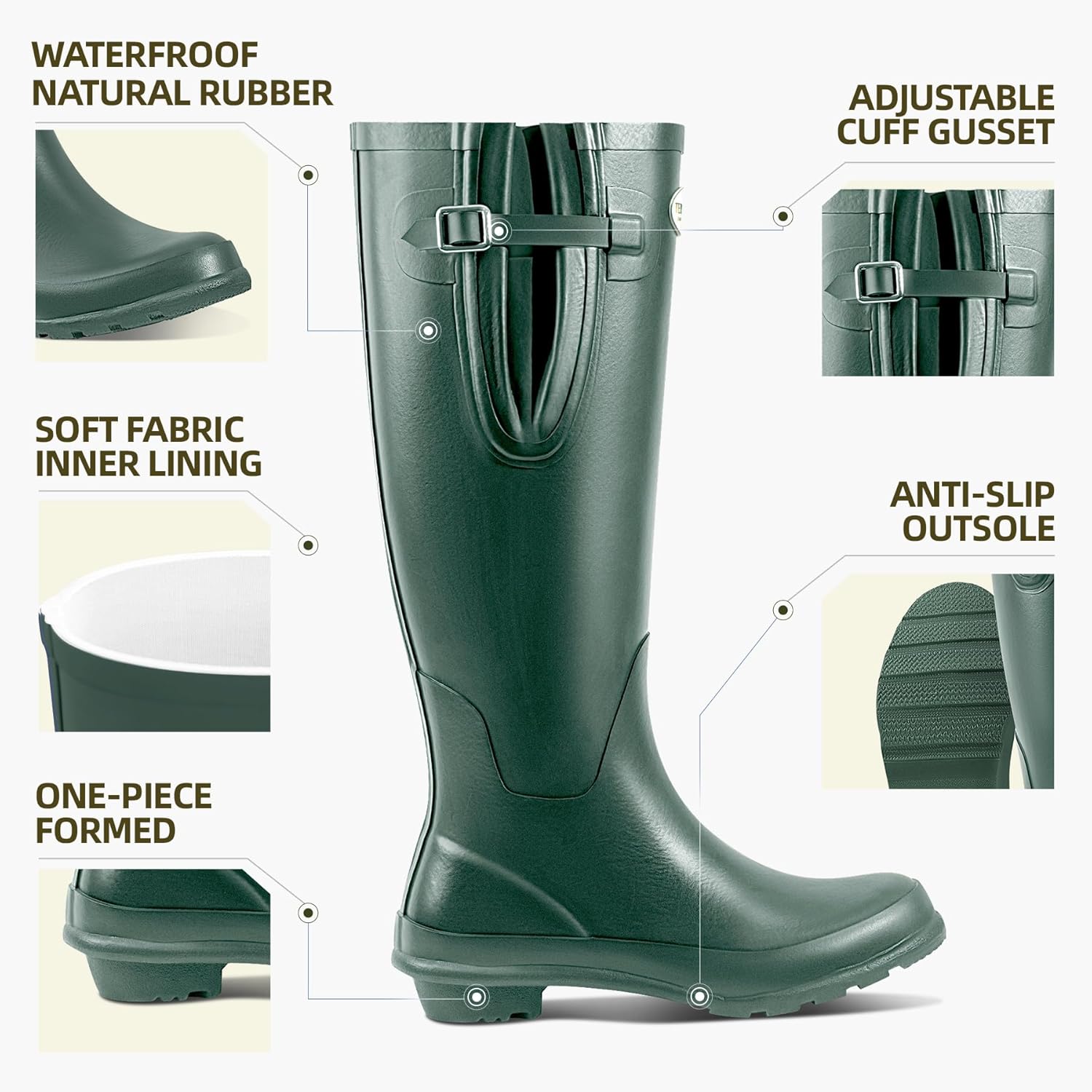 Women's Wide Calf Wellington Rain Boots, Adjustable Waterproof Natural Rubber Tall Boots, Non-Slip Sole for Gardening, Dog Walking & Outdoor Wet Weather